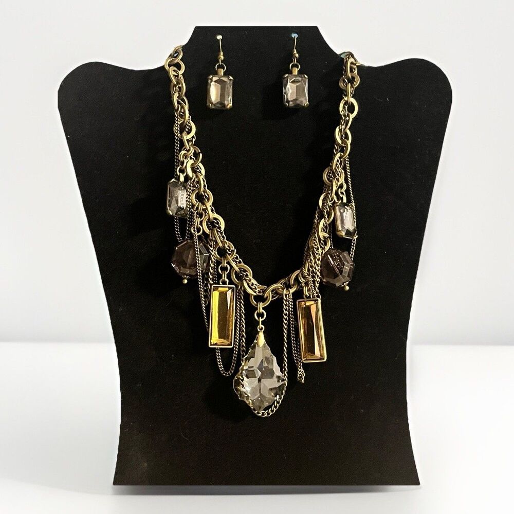 Smokey Crystal Necklace Earring Set Antique Brass Glass Bead Statement